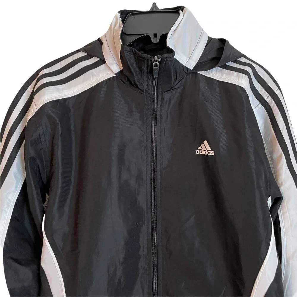 adidas Black and White 3 Stripes Windbreaker Track Jacket with Hidden Hood. S